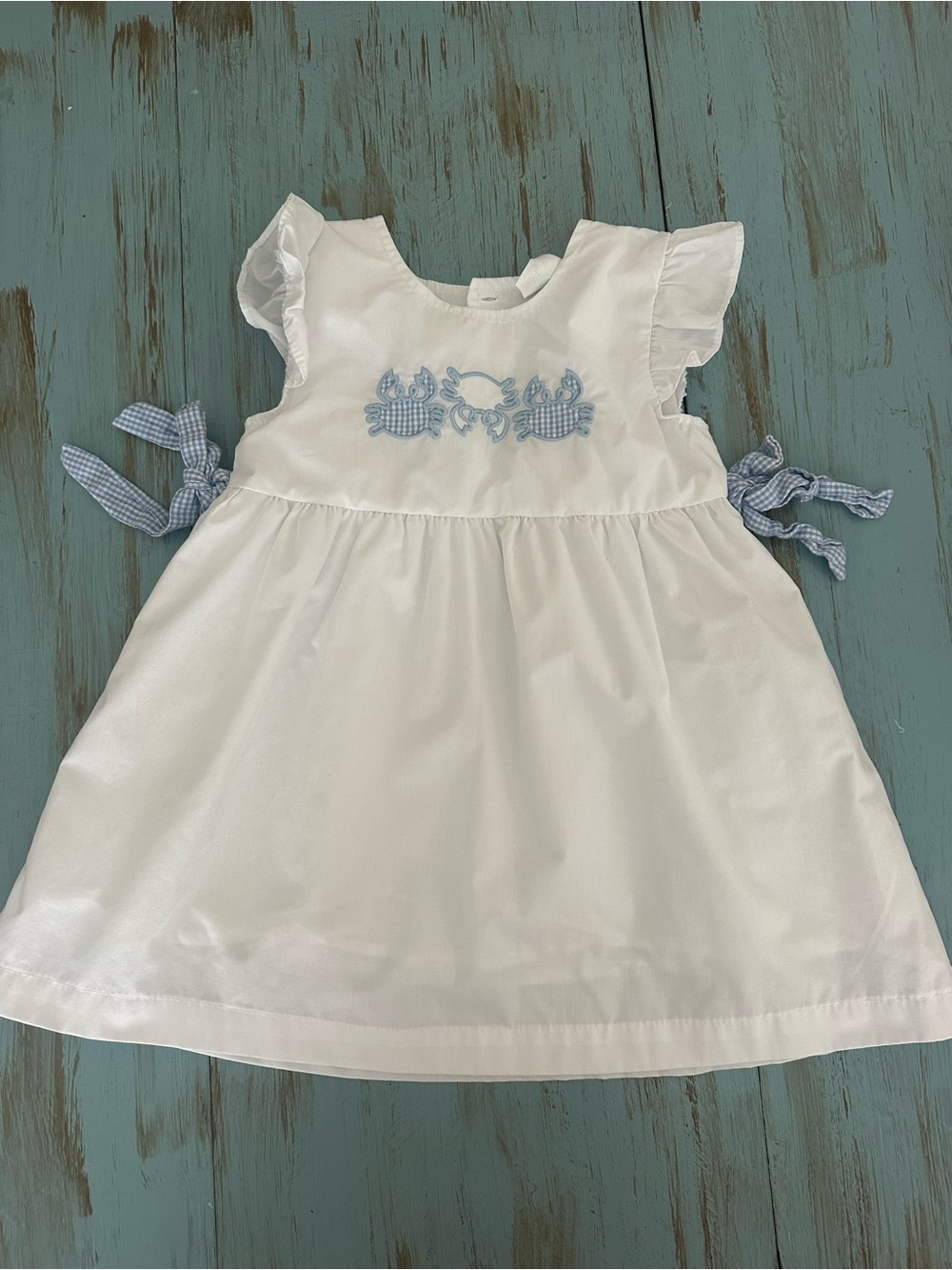 Stitchy Fish White Baby Dress with Blue Crab Embroidery